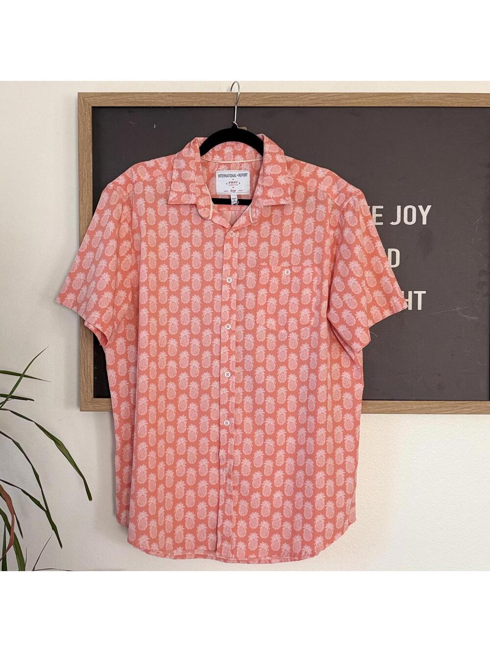 Coral Pineapple Print Button Up Shirt Large Tropical Summer Casual Fit